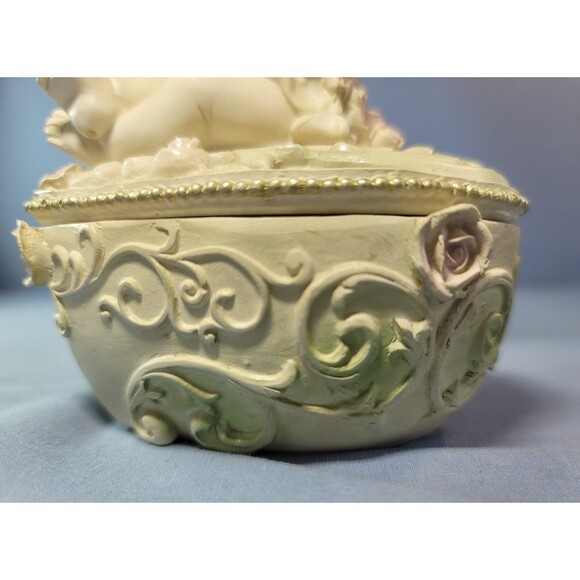 Cherub Trinket Heart Box Bisque Angel w/ Roses Jewelry Valentine Carved Case - Picture 11 of 12